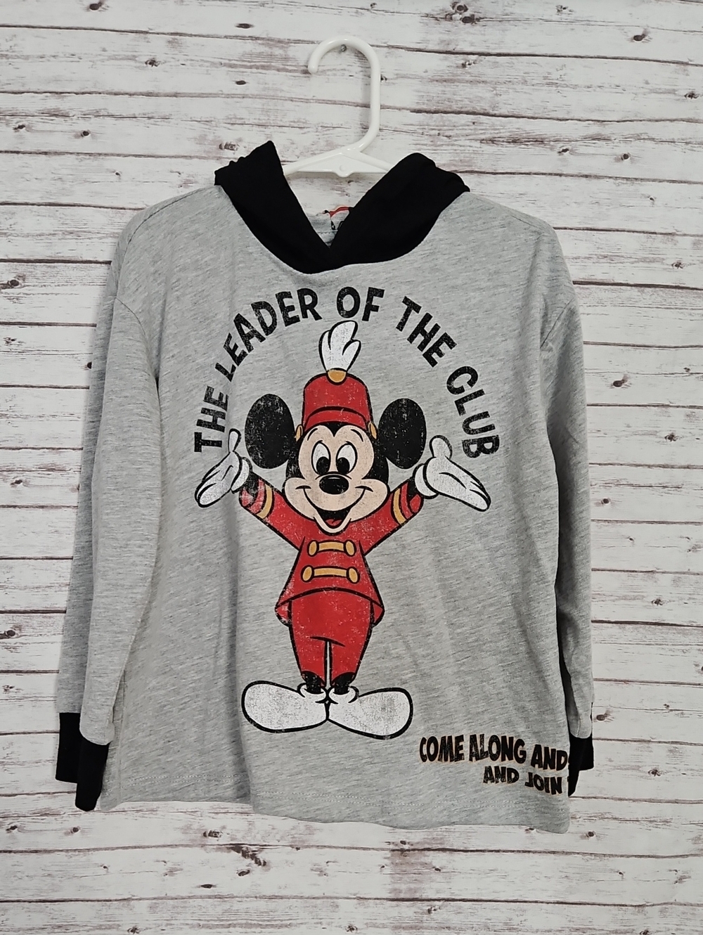 Disney Grey Hooded Long Sleeve Shirt with Red Mickey Graphic